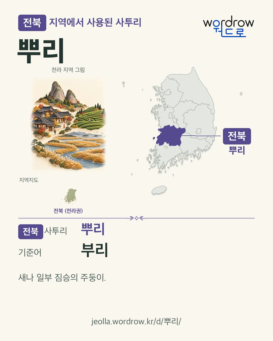 전북 지역에서 사용된 사투리 ‘뿌리’. 기준어: 부리. 기록 지역을 표시한 지역 그림과 지도 카드.