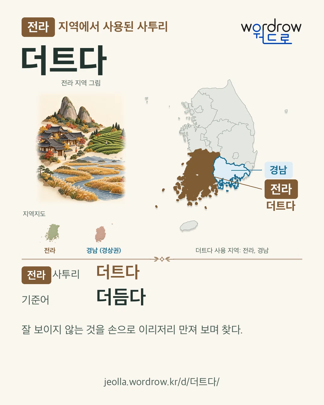 전라 지역에서 사용된 사투리 ‘더트다’. 기준어: 더듬다. 기록 지역을 표시한 지역 그림과 지도 카드.