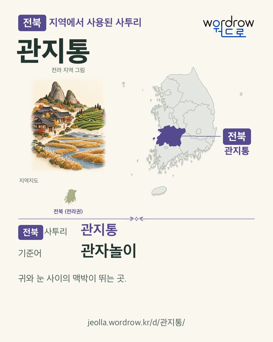 전북 지역에서 사용된 사투리 ‘관지통’. 기준어: 관자놀이. 기록 지역을 표시한 지역 그림과 지도 카드.