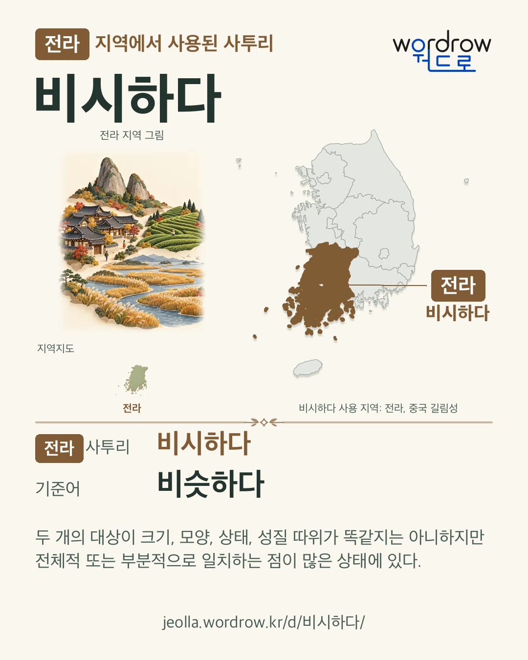 전라 지역에서 사용된 사투리 ‘비시하다’. 기준어: 비슷하다. 기록 지역을 표시한 지역 그림과 지도 카드.