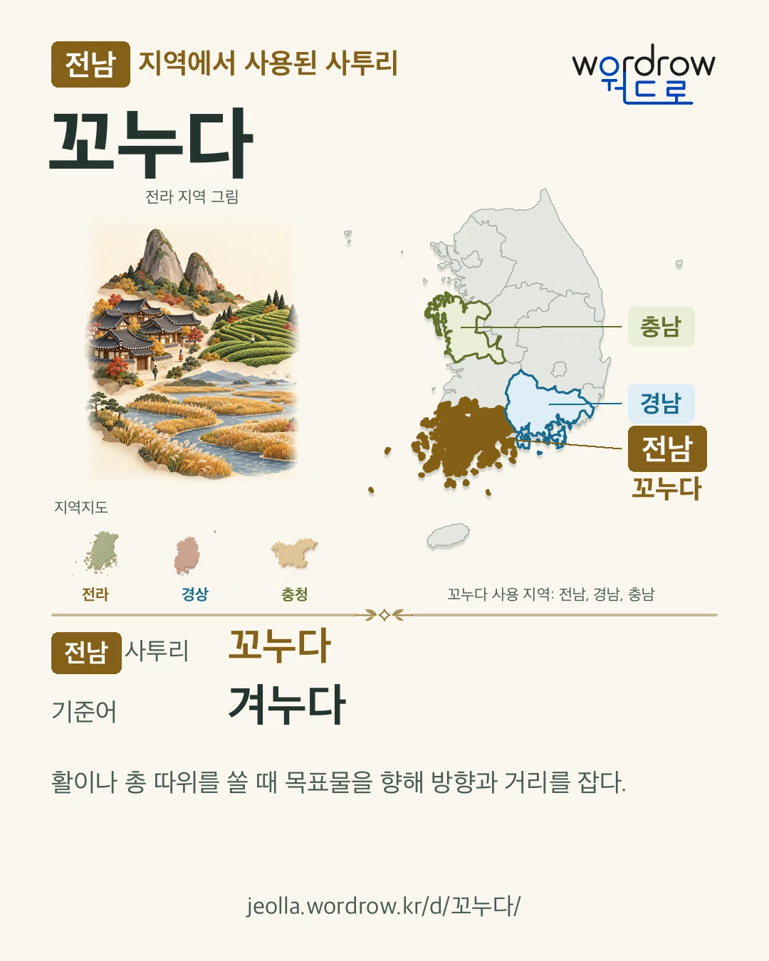 전남 지역에서 사용된 사투리 ‘꼬누다’. 기준어: 겨누다. 기록 지역을 표시한 지역 그림과 지도 카드.