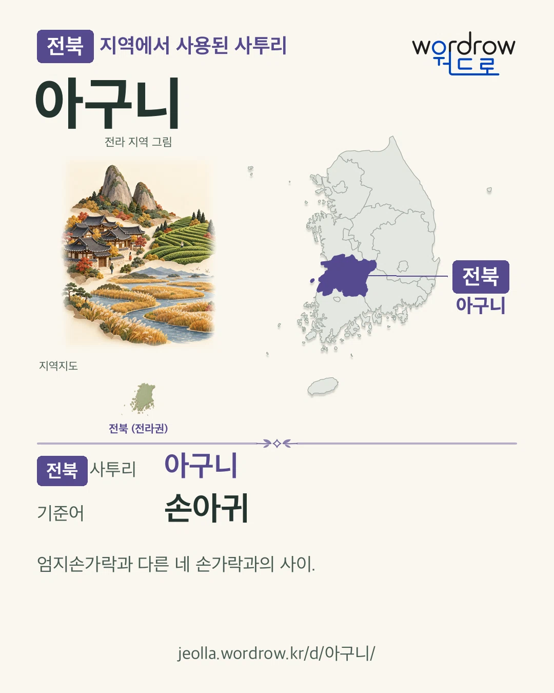 전북 지역에서 사용된 사투리 ‘아구니’. 기준어: 손아귀. 기록 지역을 표시한 지역 그림과 지도 카드.