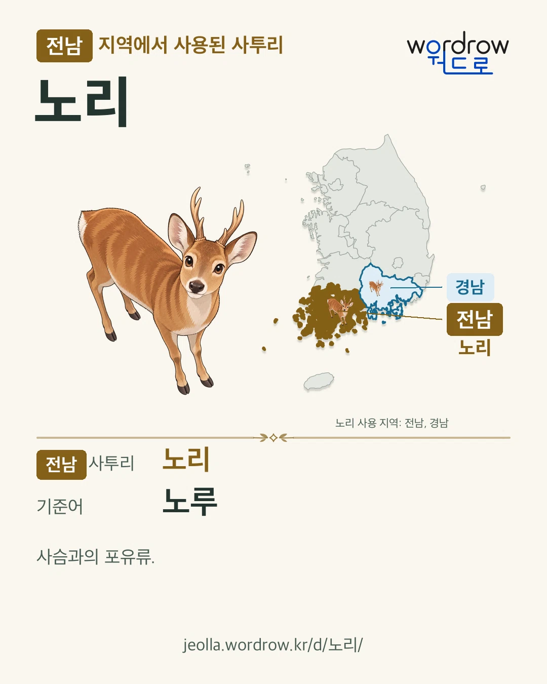 전남 지역에서 사용된 사투리 ‘노리’. 기준어: 노루. 기록 지역을 표시한 카툰 삽화와 지도 카드.