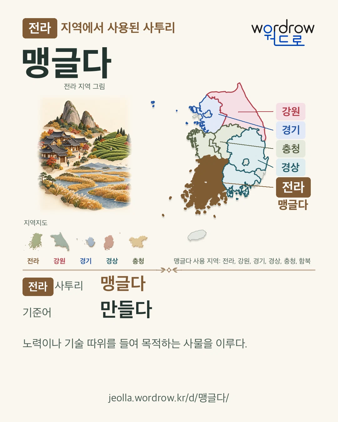 전라 지역에서 사용된 사투리 ‘맹글다’. 기준어: 만들다. 기록 지역을 표시한 지역 그림과 지도 카드.
