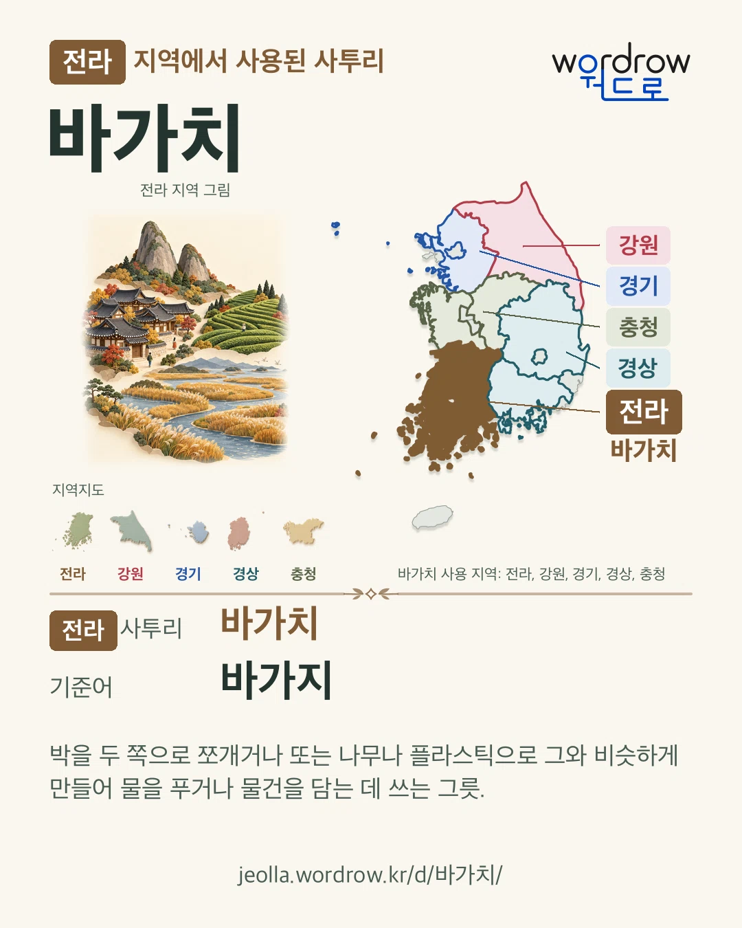 전라 지역에서 사용된 사투리 ‘바가치’. 기준어: 바가지. 기록 지역을 표시한 지역 그림과 지도 카드.