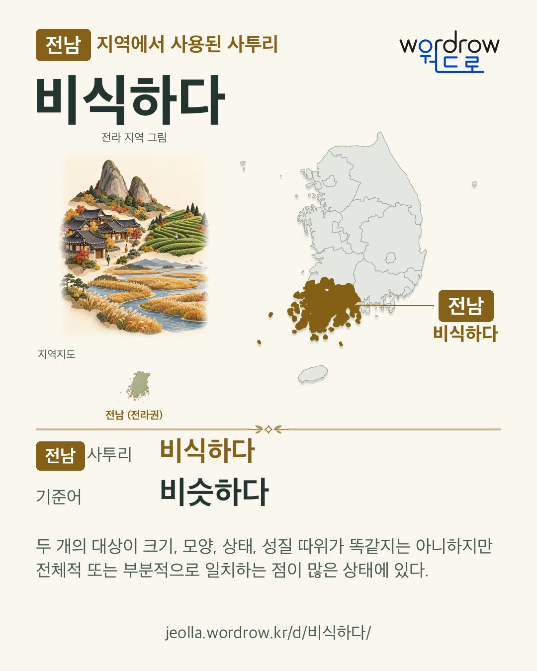 전남 지역에서 사용된 사투리 ‘비식하다’. 기준어: 비슷하다. 기록 지역을 표시한 지역 그림과 지도 카드.