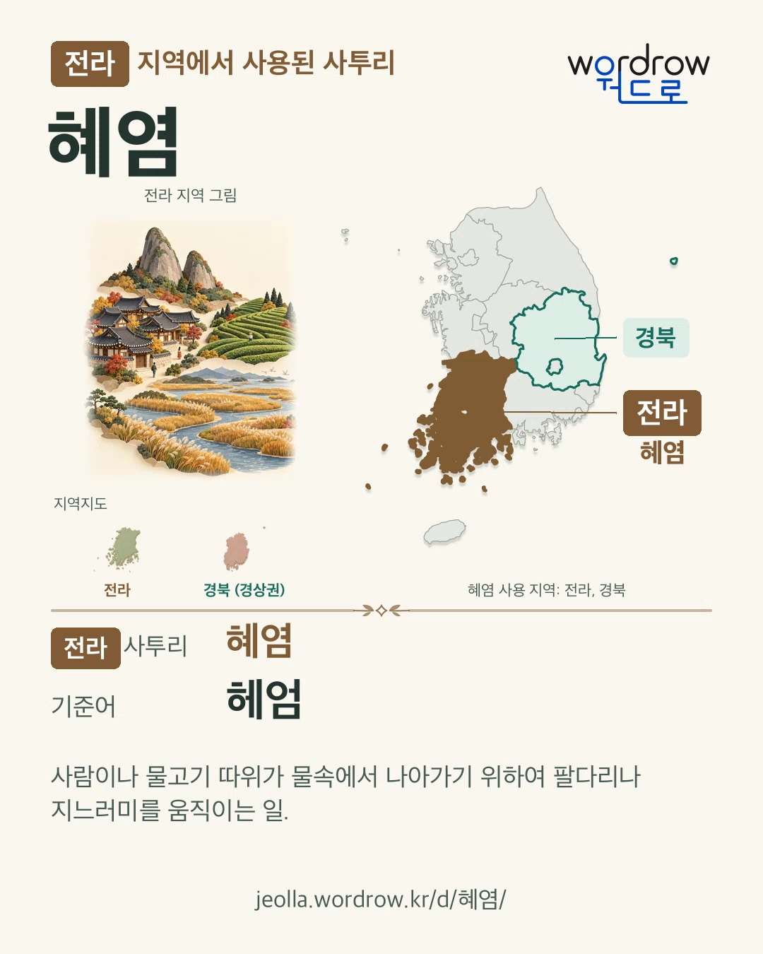 전라 지역에서 사용된 사투리 ‘혜염’. 기준어: 헤엄. 기록 지역을 표시한 지역 그림과 지도 카드.