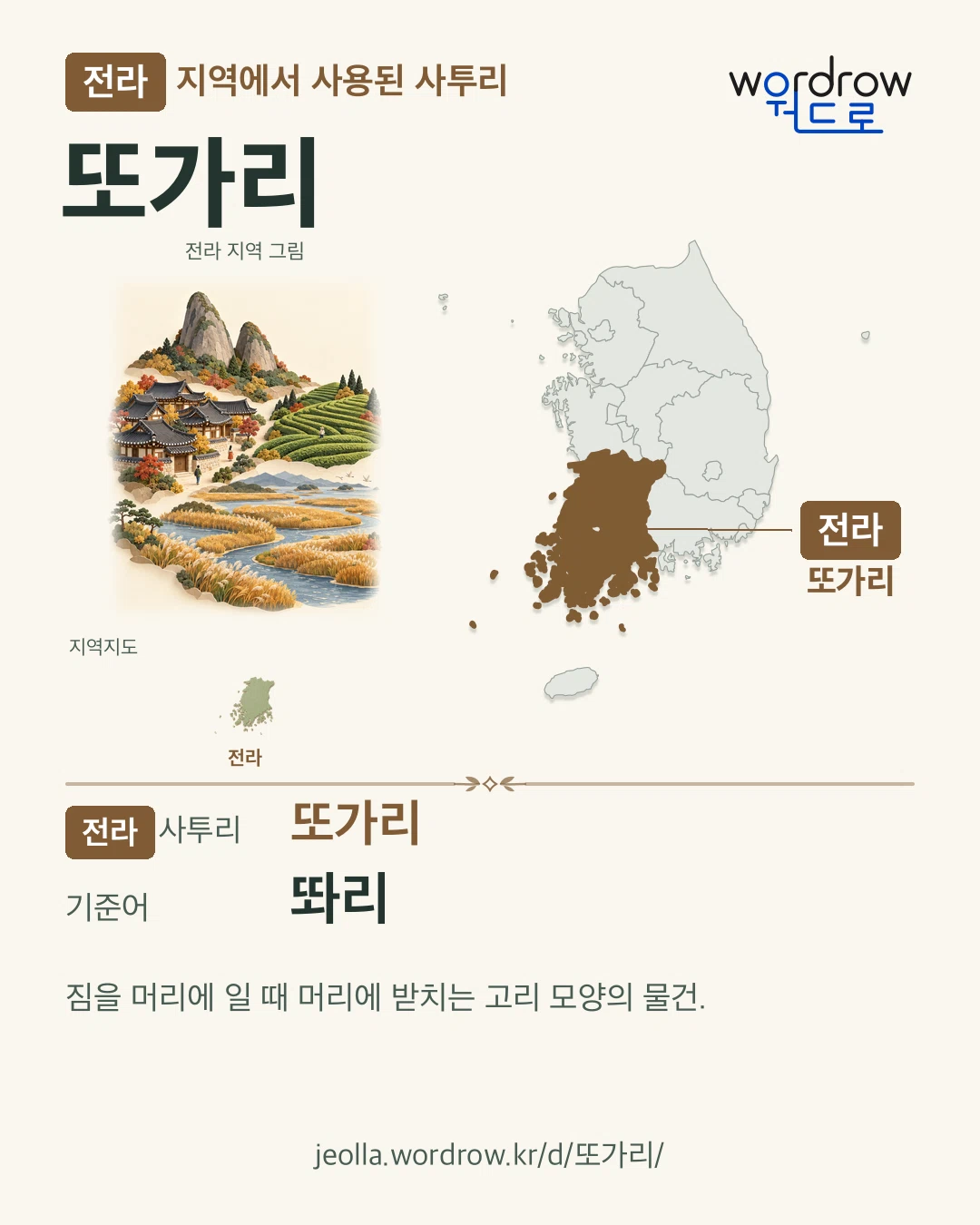 전라 지역에서 사용된 사투리 ‘또가리’. 기준어: 똬리. 기록 지역을 표시한 지역 그림과 지도 카드.