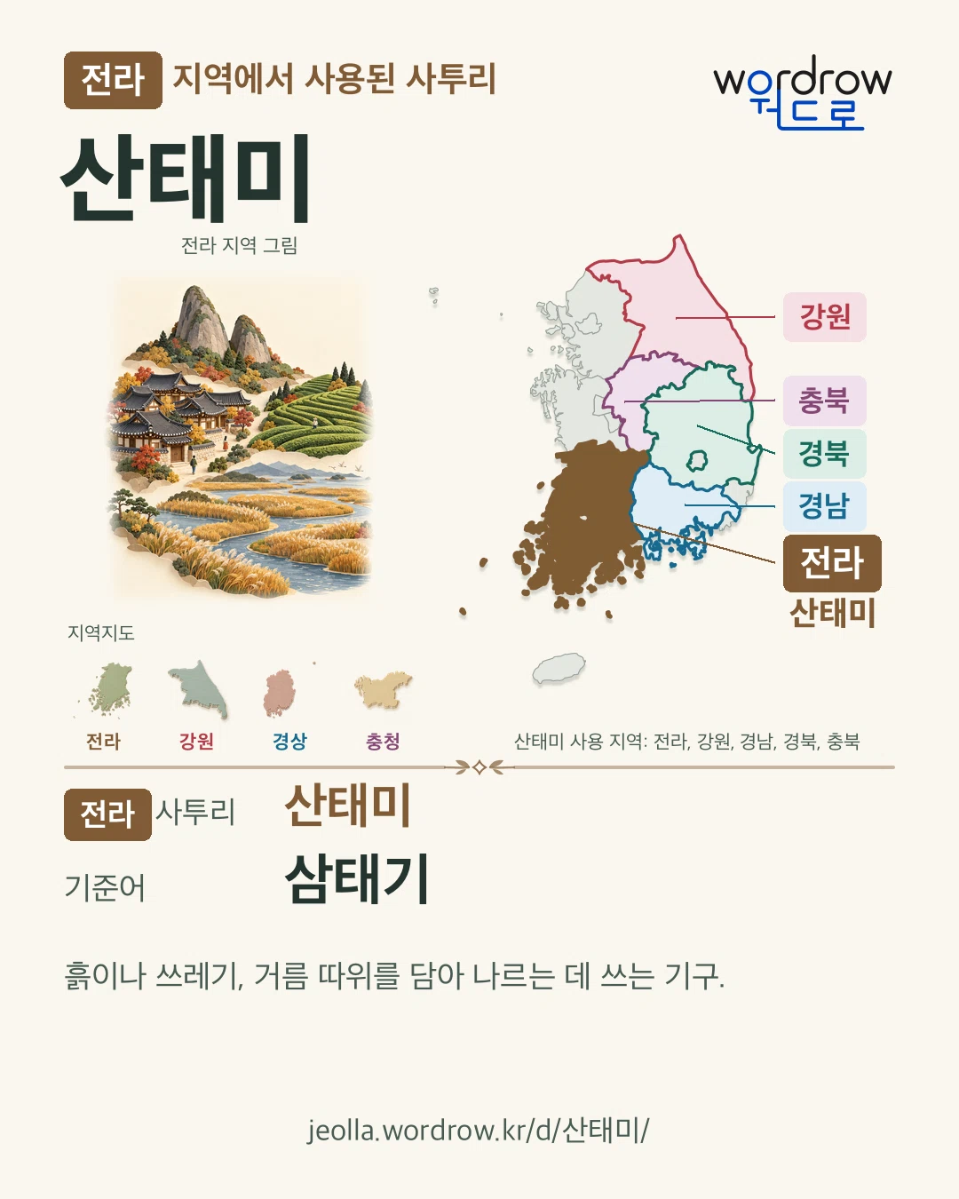전라 지역에서 사용된 사투리 ‘산태미’. 기준어: 삼태기. 기록 지역을 표시한 지역 그림과 지도 카드.