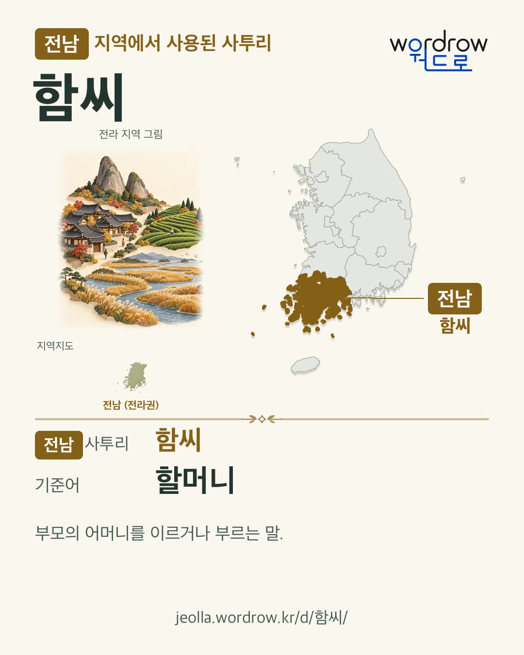 전남 지역에서 사용된 사투리 ‘함씨’. 기준어: 할머니. 기록 지역을 표시한 지역 그림과 지도 카드.