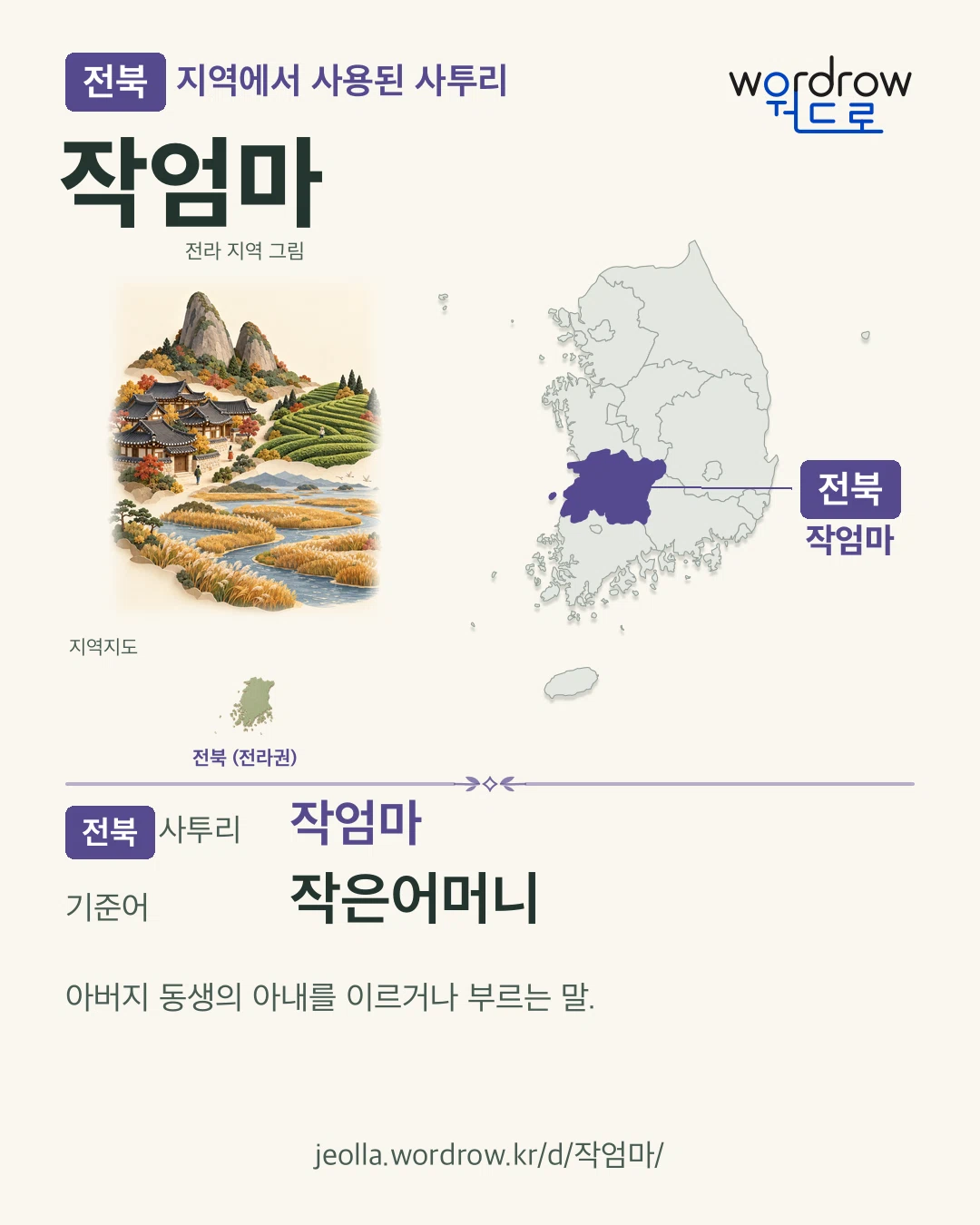 전북 지역에서 사용된 사투리 ‘작엄마’. 기준어: 작은어머니. 기록 지역을 표시한 지역 그림과 지도 카드.