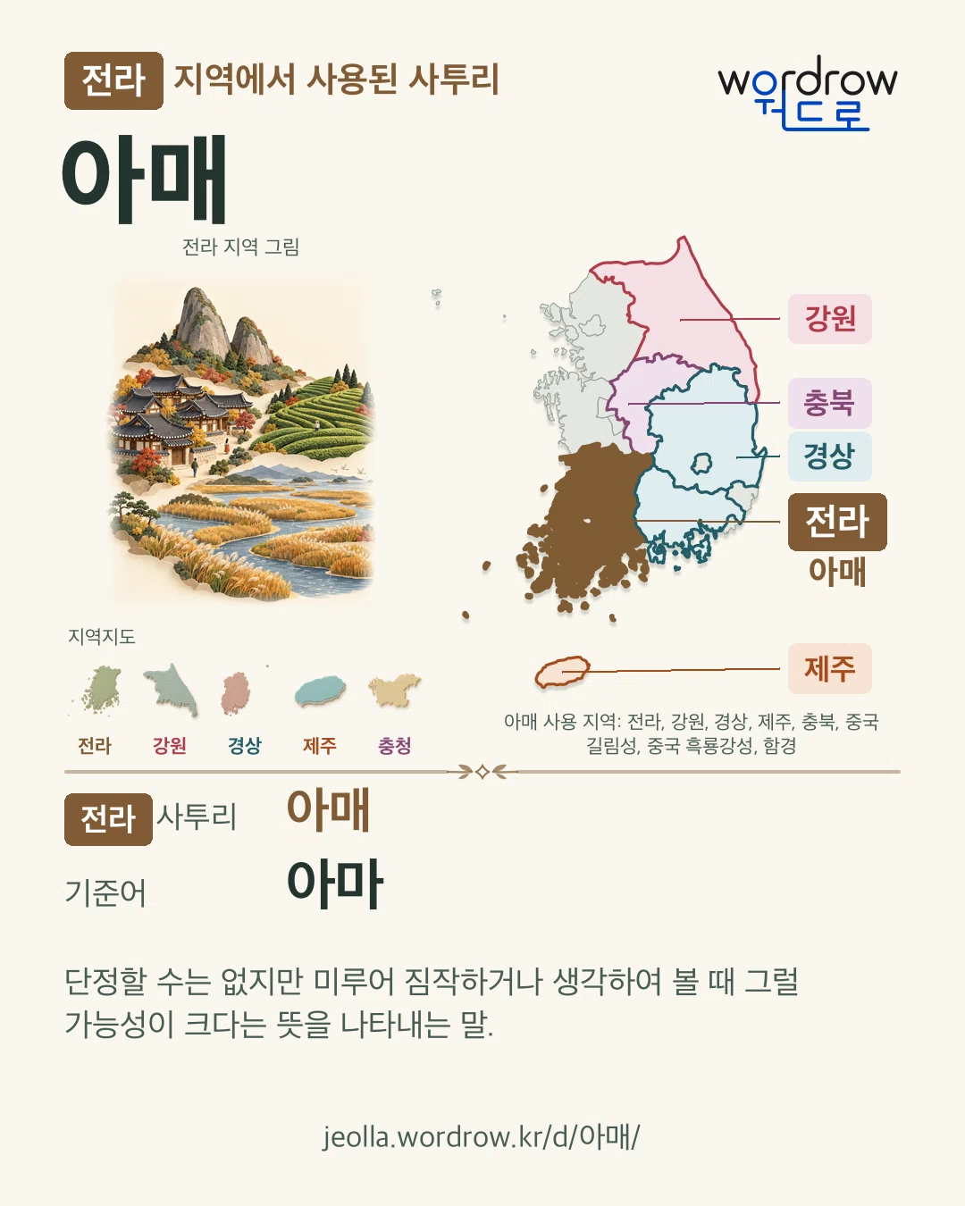 전라 지역에서 사용된 사투리 ‘아매’. 기준어: 아마. 기록 지역을 표시한 지역 그림과 지도 카드.