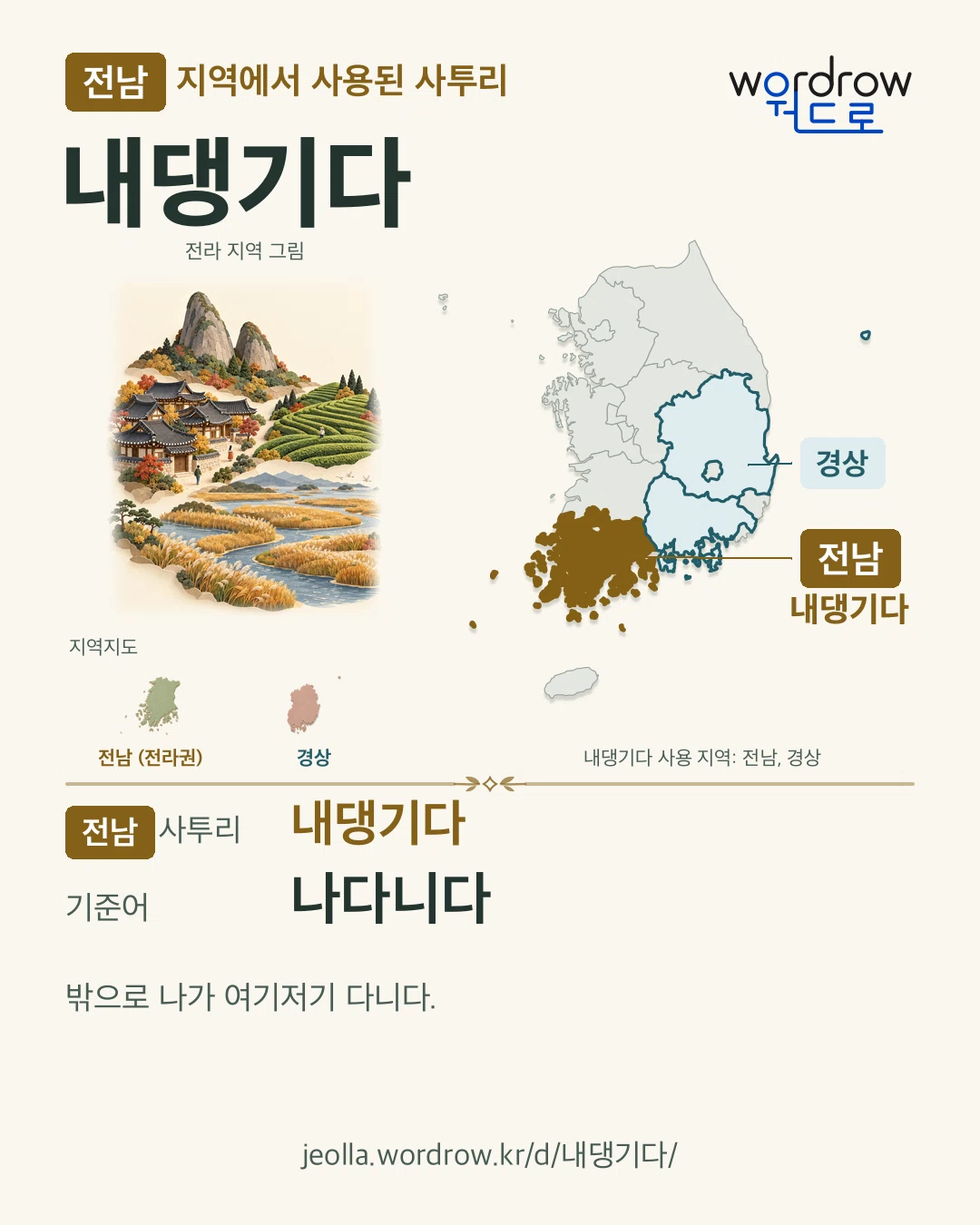 전남 지역에서 사용된 사투리 ‘내댕기다’. 기준어: 나다니다. 기록 지역을 표시한 지역 그림과 지도 카드.
