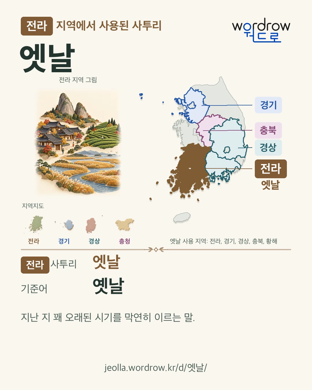 전라 지역에서 사용된 사투리 ‘엣날’. 기준어: 옛날. 기록 지역을 표시한 지역 그림과 지도 카드.