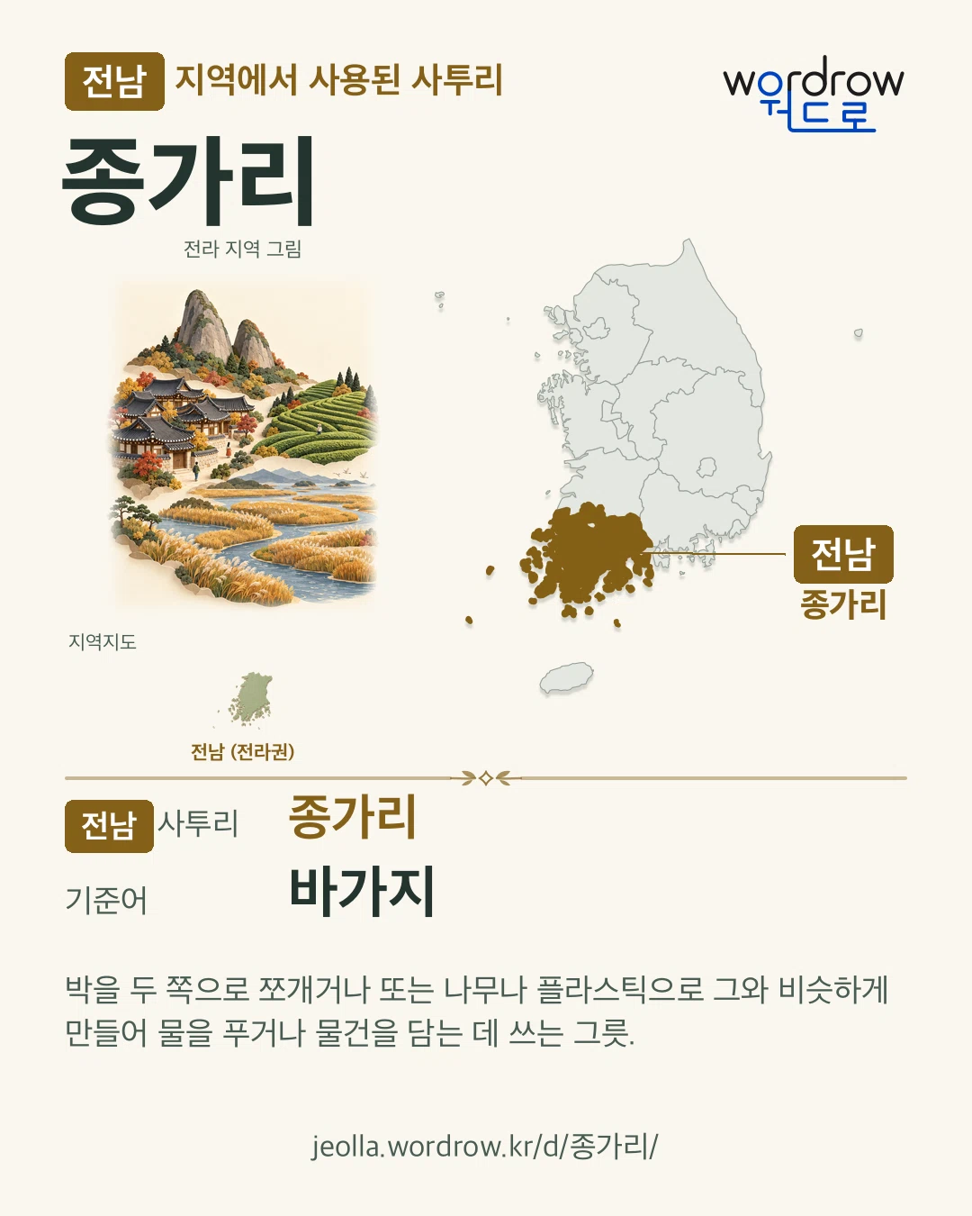 전남 지역에서 사용된 사투리 ‘종가리’. 기준어: 바가지. 기록 지역을 표시한 지역 그림과 지도 카드.