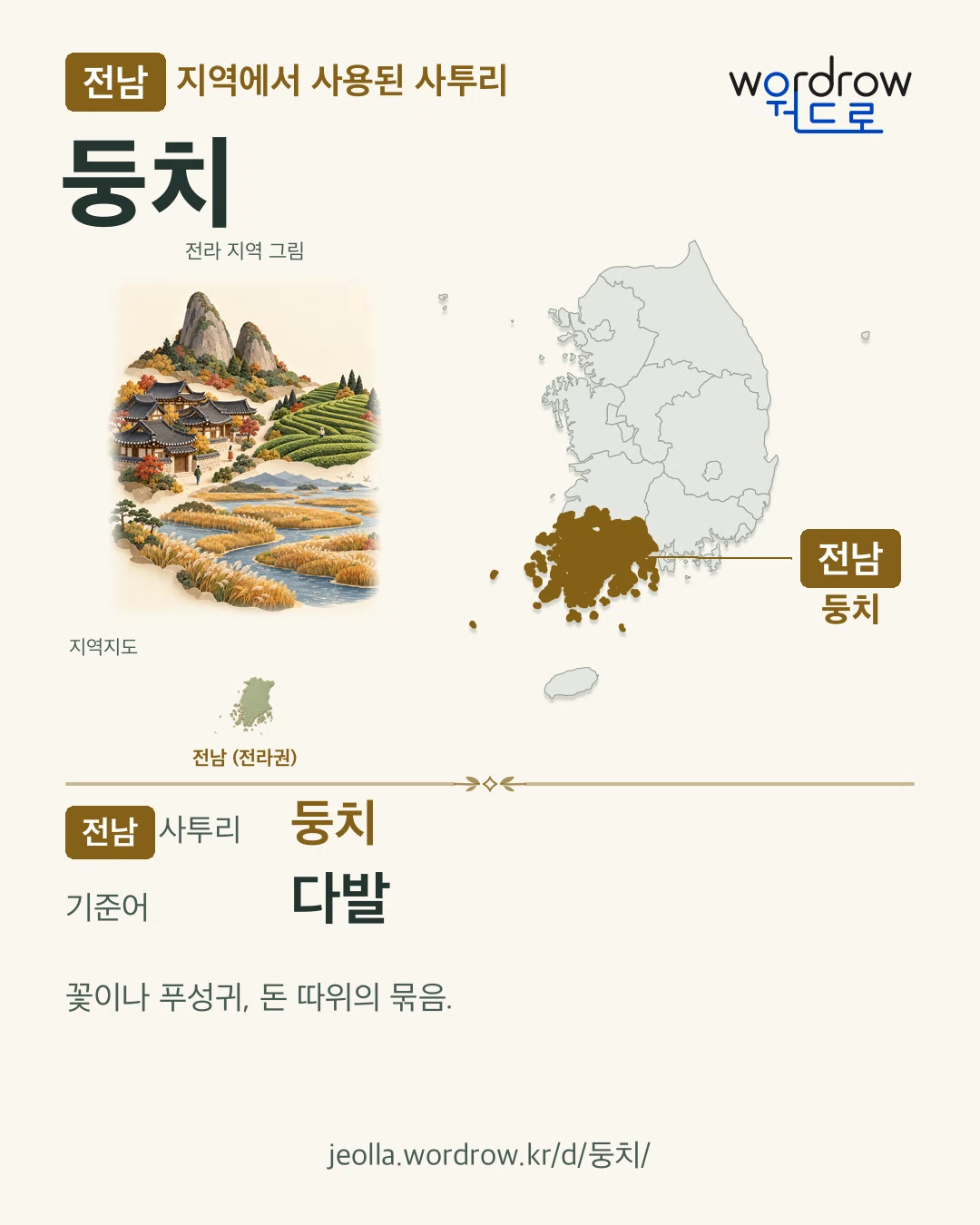 전남 지역에서 사용된 사투리 ‘둥치’. 기준어: 다발. 기록 지역을 표시한 지역 그림과 지도 카드.