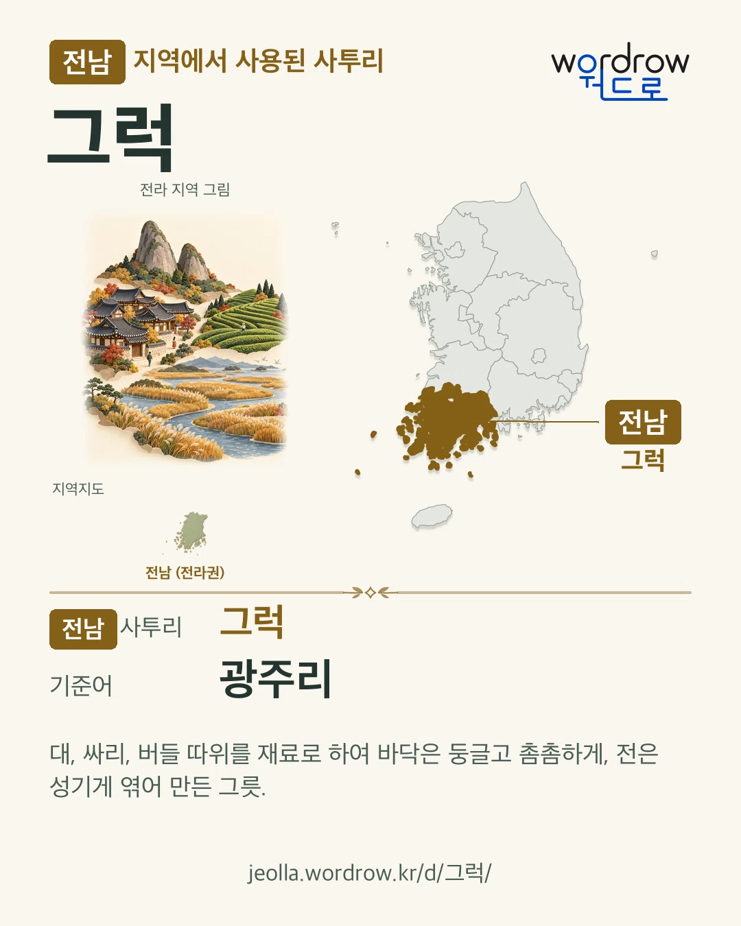 전남 지역에서 사용된 사투리 ‘그럭’. 기준어: 광주리. 기록 지역을 표시한 지역 그림과 지도 카드.
