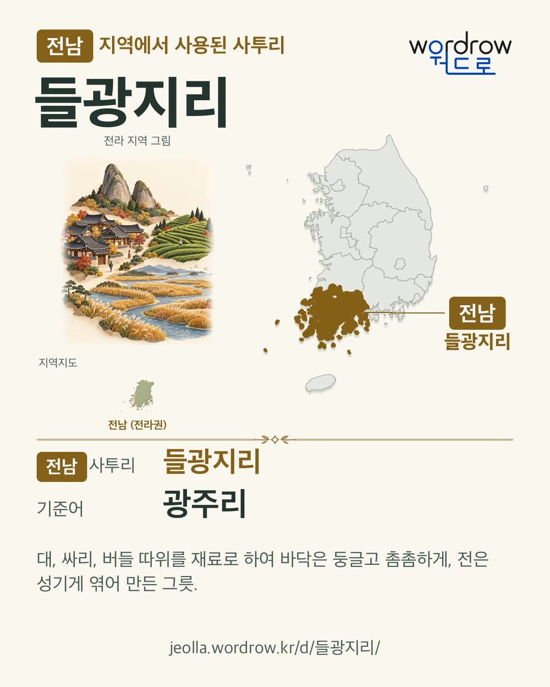 전남 지역에서 사용된 사투리 ‘들광지리’. 기준어: 광주리. 기록 지역을 표시한 지역 그림과 지도 카드.