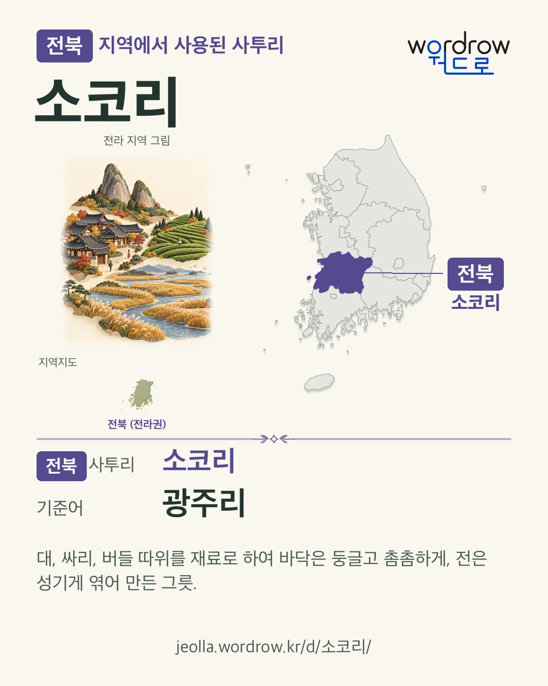 전북 지역에서 사용된 사투리 ‘소코리’. 기준어: 광주리. 기록 지역을 표시한 지역 그림과 지도 카드.