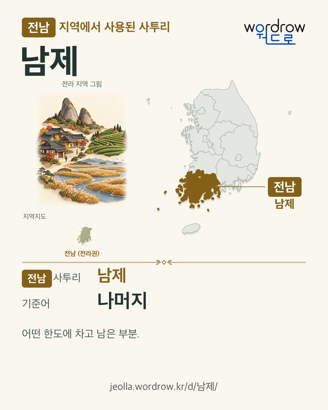 전남 지역에서 사용된 사투리 ‘남제’. 기준어: 나머지. 기록 지역을 표시한 지역 그림과 지도 카드.