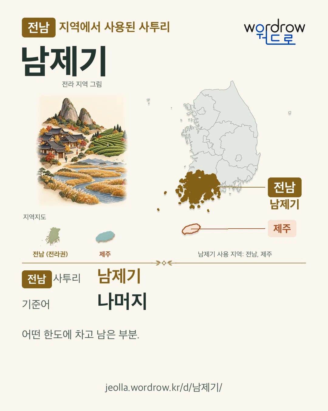 전남 지역에서 사용된 사투리 ‘남제기’. 기준어: 나머지. 기록 지역을 표시한 지역 그림과 지도 카드.