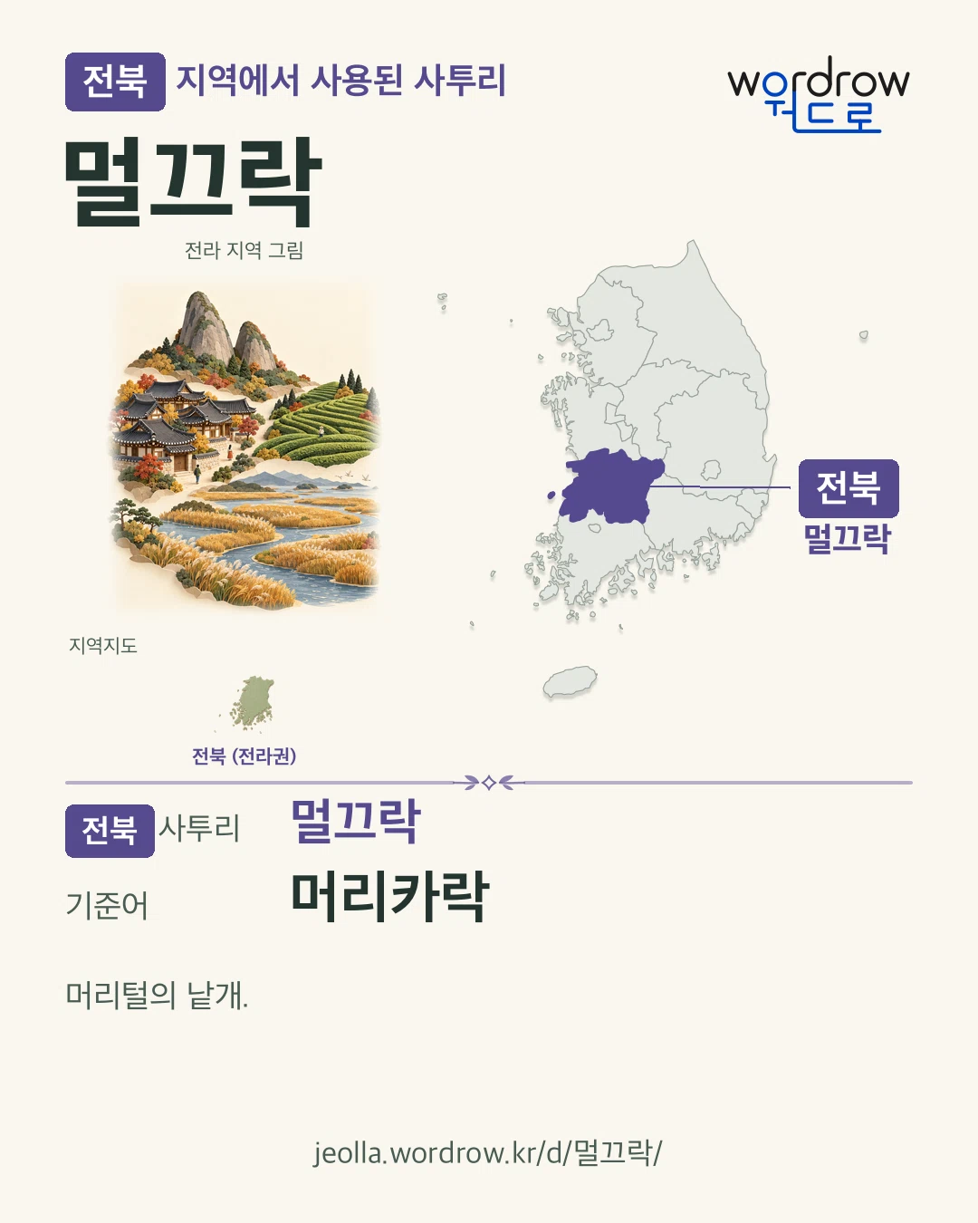 전북 지역에서 사용된 사투리 ‘멀끄락’. 기준어: 머리카락. 기록 지역을 표시한 지역 그림과 지도 카드.