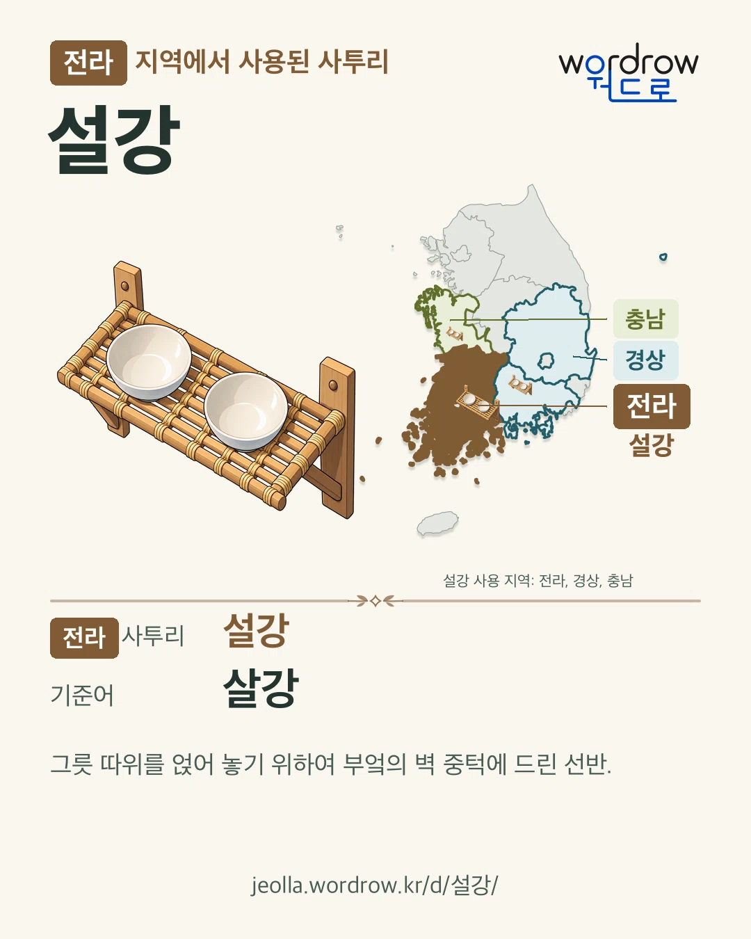 전라 지역에서 사용된 사투리 ‘설강’. 기준어: 살강. 기록 지역을 표시한 카툰 삽화와 지도 카드.