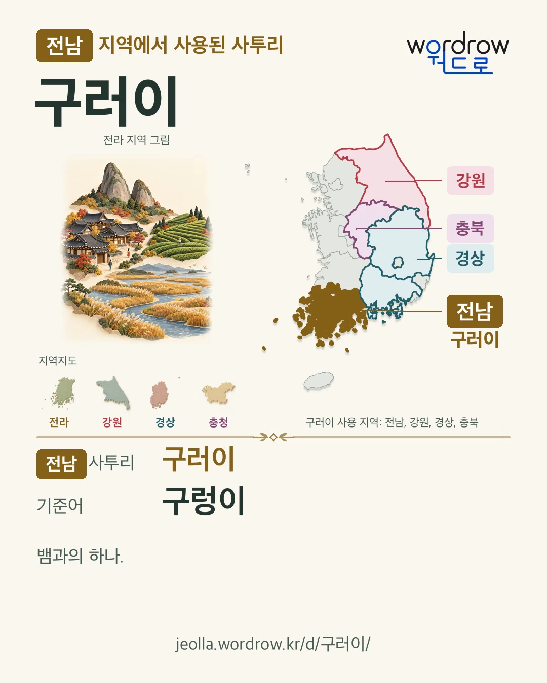전남 지역에서 사용된 사투리 ‘구러이’. 기준어: 구렁이. 기록 지역을 표시한 지역 그림과 지도 카드.