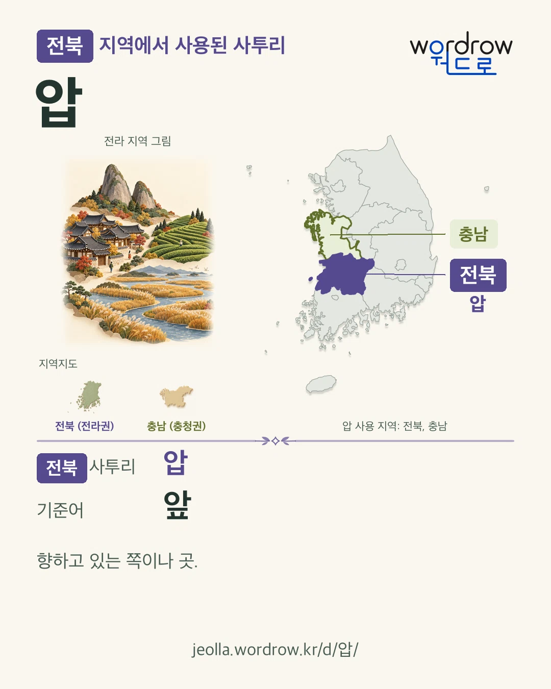전북 지역에서 사용된 사투리 ‘압’. 기준어: 앞. 기록 지역을 표시한 지역 그림과 지도 카드.