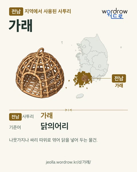 전남 지역에서 사용된 사투리 ‘가래’. 기준어: 닭의어리. 기록 지역을 표시한 카툰 삽화와 지도 카드.