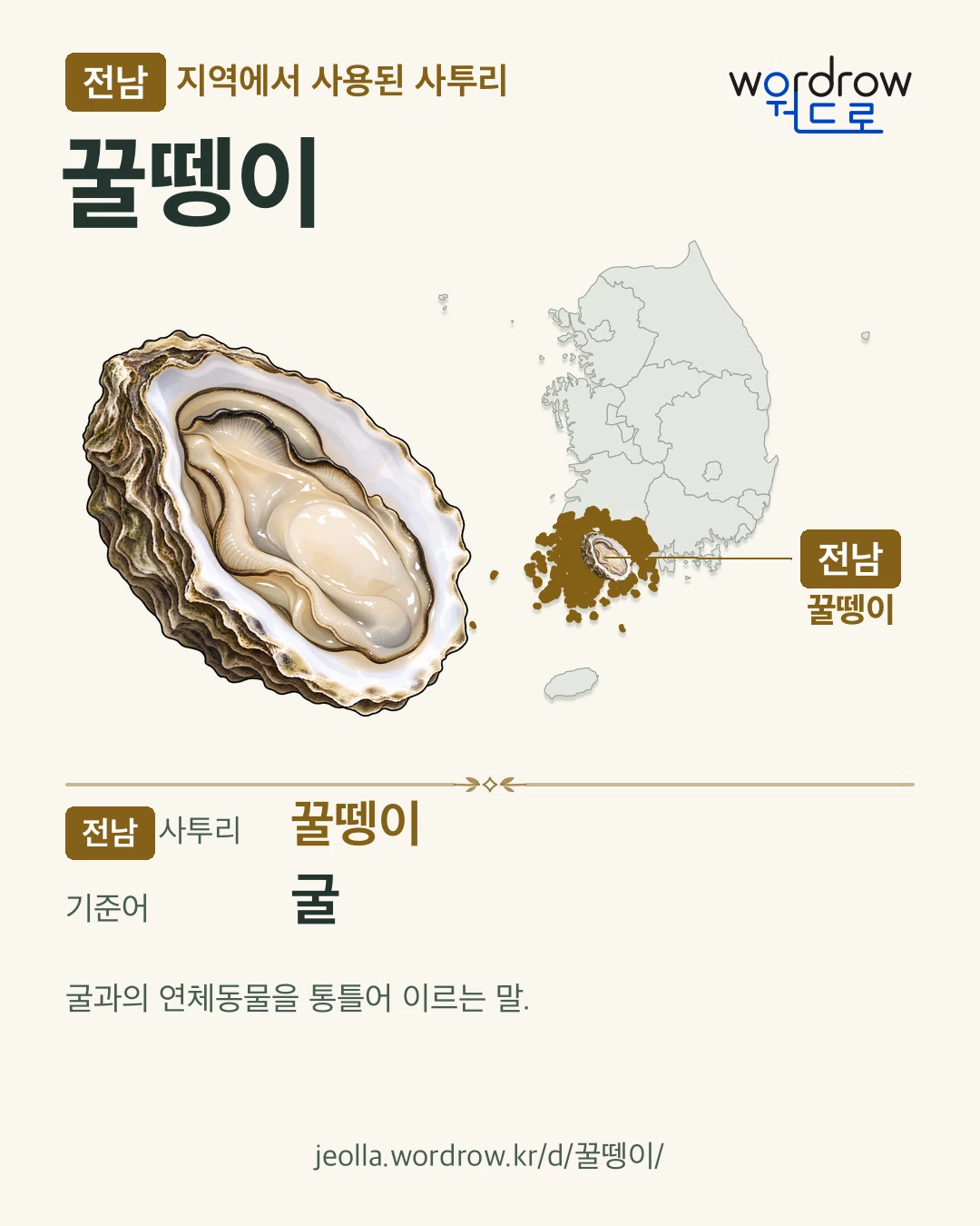 전남 지역에서 사용된 사투리 ‘꿀뗑이’. 기준어: 굴. 기록 지역을 표시한 카툰 삽화와 지도 카드.