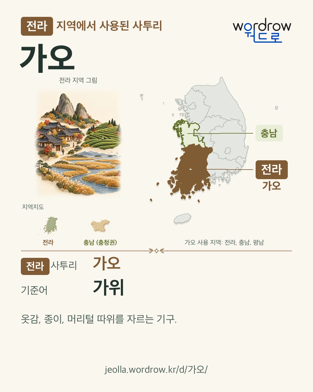 전라 지역에서 사용된 사투리 ‘가오’. 기준어: 가위. 기록 지역을 표시한 지역 그림과 지도 카드.