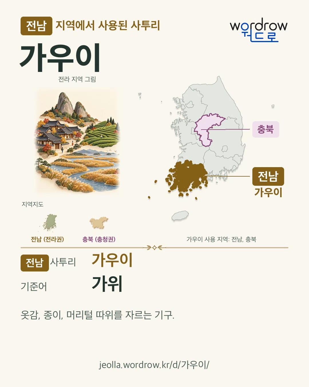 전남 지역에서 사용된 사투리 ‘가우이’. 기준어: 가위. 기록 지역을 표시한 지역 그림과 지도 카드.