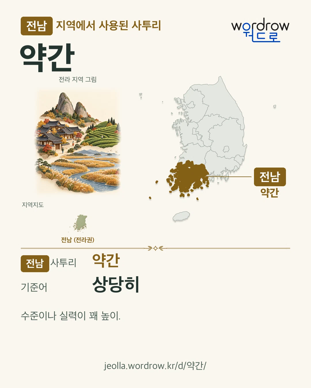 전남 지역에서 사용된 사투리 ‘약간’. 기준어: 상당히. 기록 지역을 표시한 지역 그림과 지도 카드.