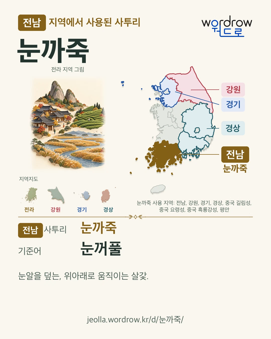 전남 지역에서 사용된 사투리 ‘눈까죽’. 기준어: 눈꺼풀. 기록 지역을 표시한 지역 그림과 지도 카드.