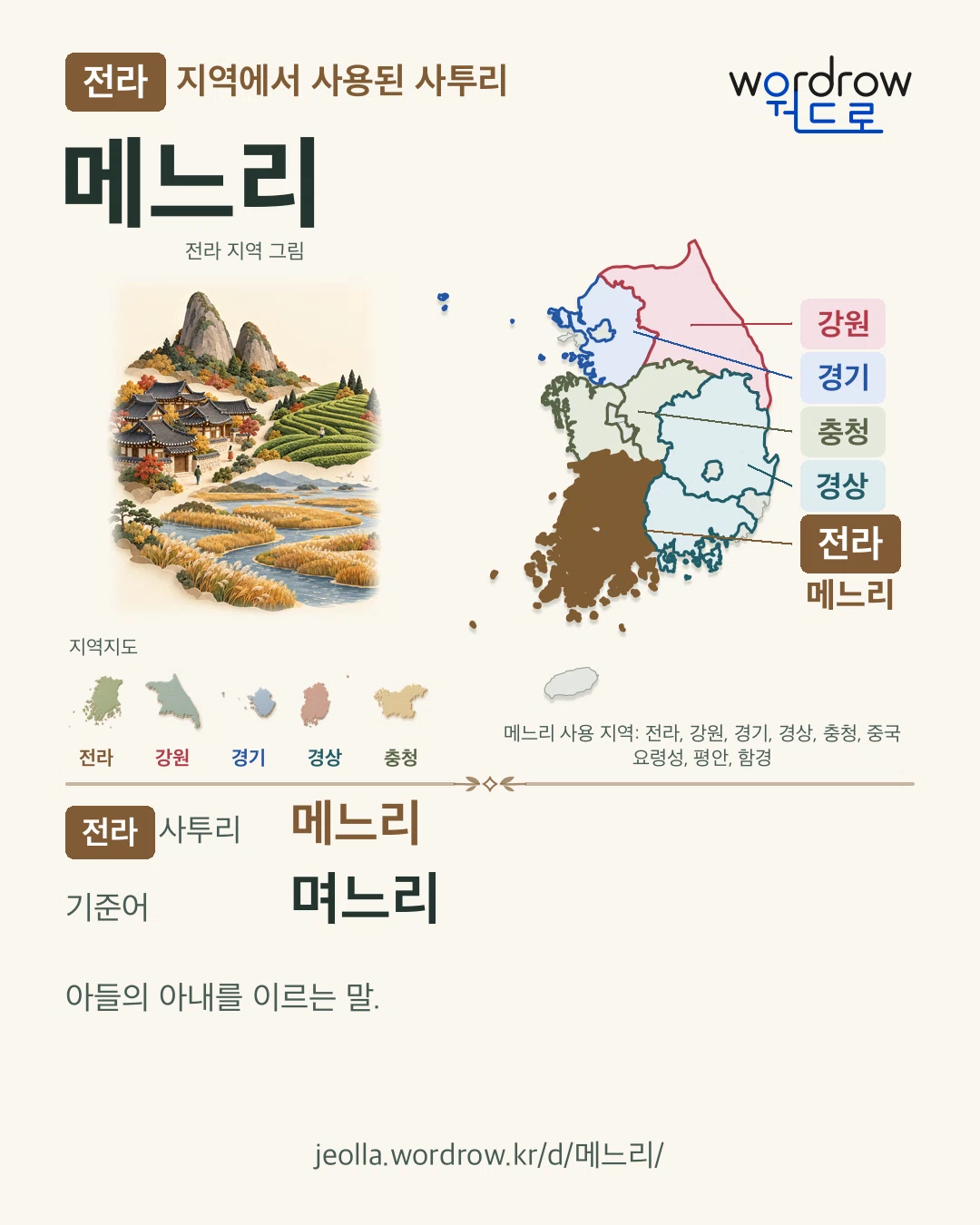 전라 지역에서 사용된 사투리 ‘메느리’. 기준어: 며느리. 기록 지역을 표시한 지역 그림과 지도 카드.