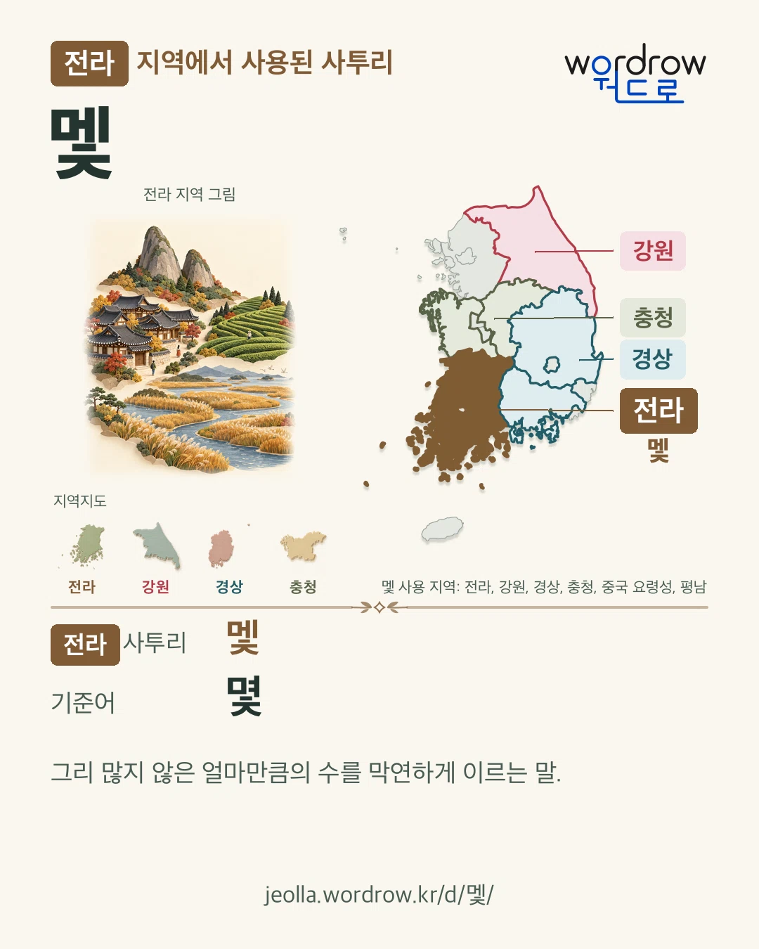 전라 지역에서 사용된 사투리 ‘멫’. 기준어: 몇. 기록 지역을 표시한 지역 그림과 지도 카드.