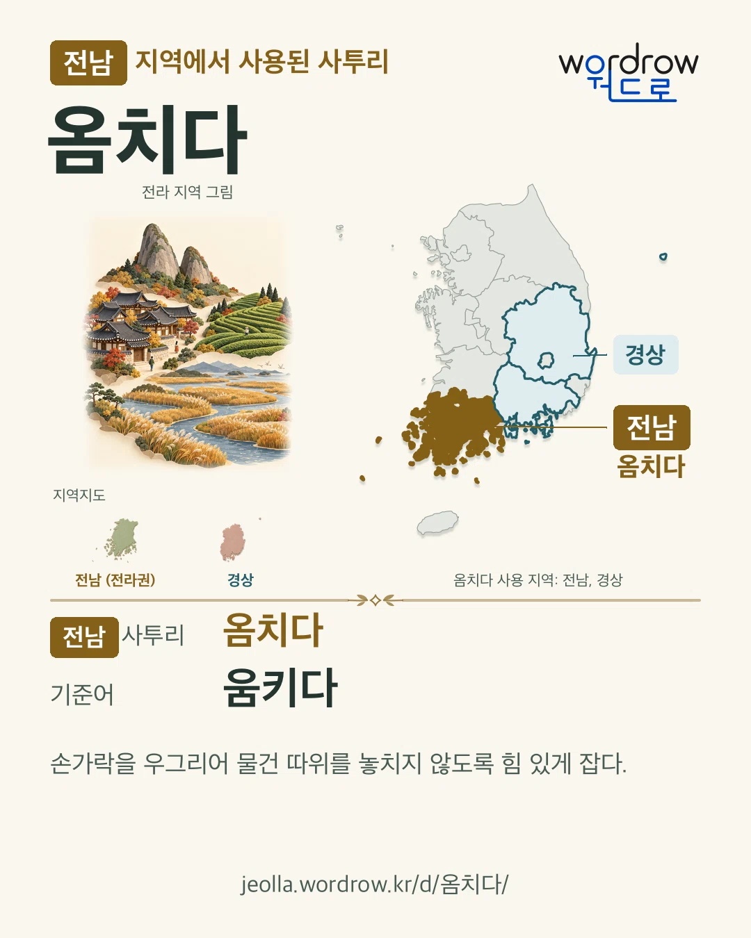 전남 지역에서 사용된 사투리 ‘옴치다’. 기준어: 움키다. 기록 지역을 표시한 지역 그림과 지도 카드.