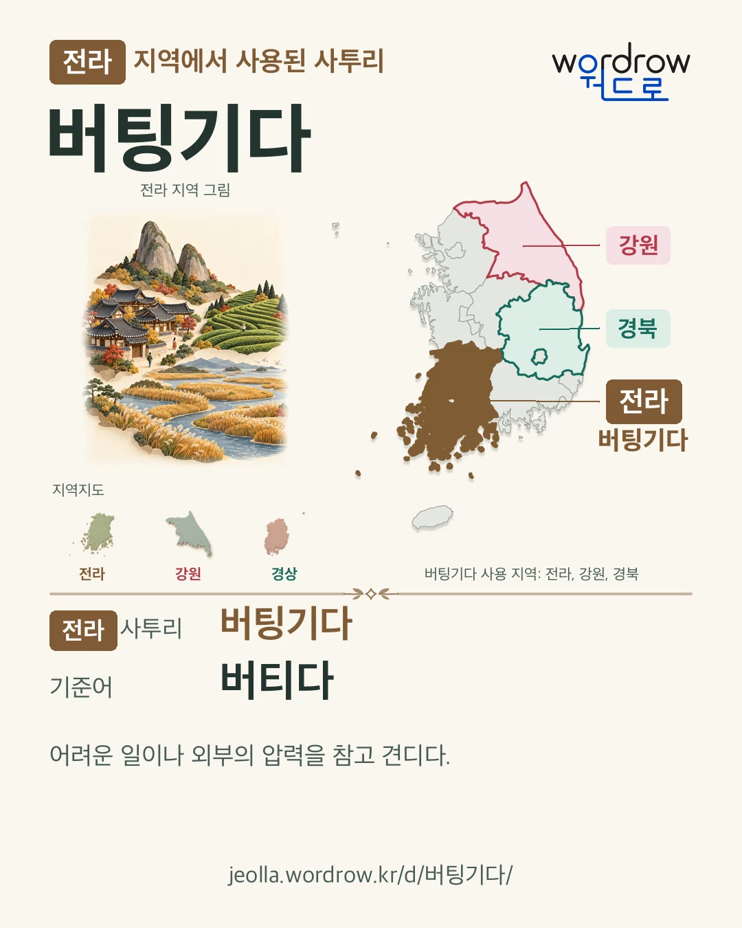 전라 지역에서 사용된 사투리 ‘버팅기다’. 기준어: 버티다. 기록 지역을 표시한 지역 그림과 지도 카드.