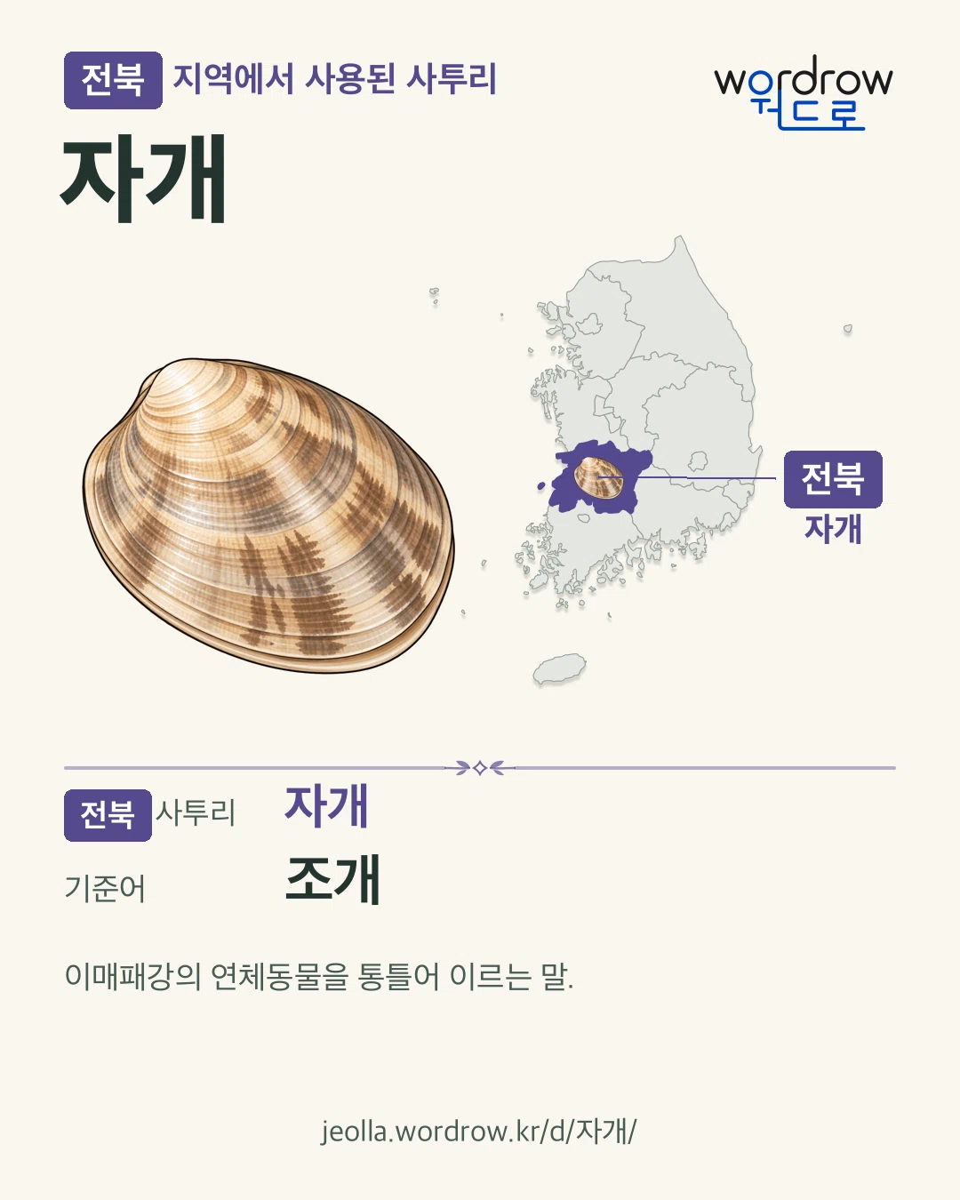 전북 지역에서 사용된 사투리 ‘자개’. 기준어: 조개. 기록 지역을 표시한 카툰 삽화와 지도 카드.