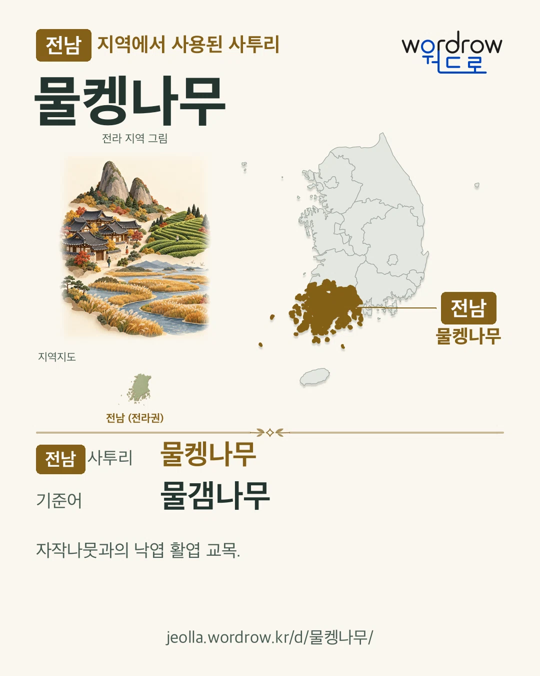 전남 지역에서 사용된 사투리 ‘물켕나무’. 기준어: 물갬나무. 기록 지역을 표시한 지역 그림과 지도 카드.