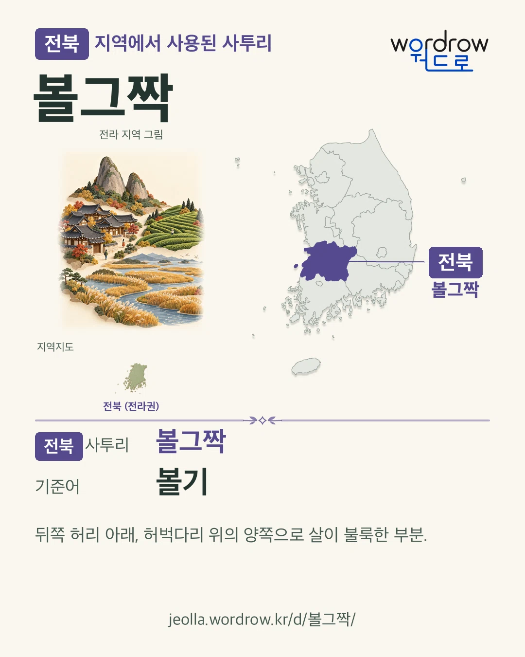 전북 지역에서 사용된 사투리 ‘볼그짝’. 기준어: 볼기. 기록 지역을 표시한 지역 그림과 지도 카드.