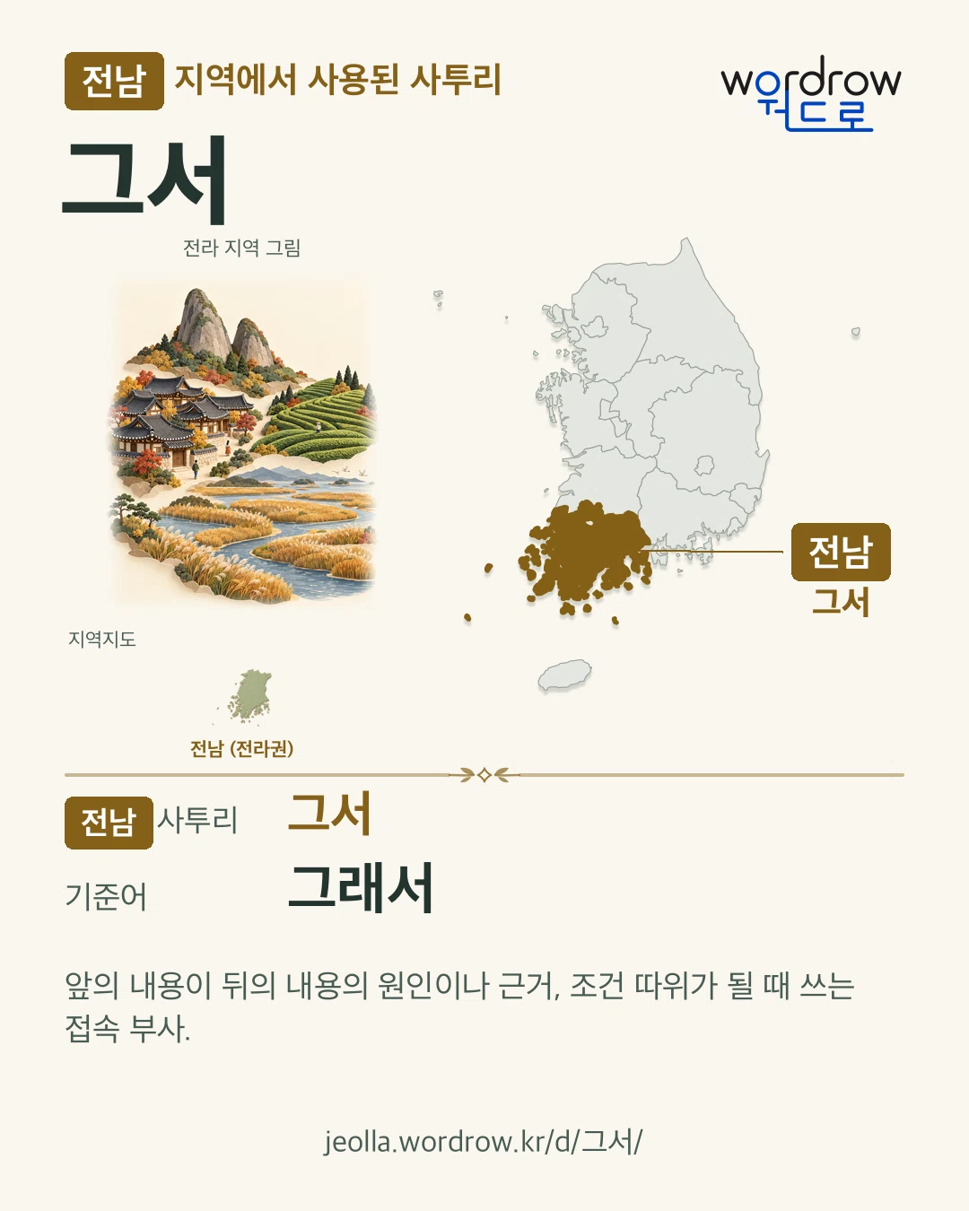 전남 지역에서 사용된 사투리 ‘그서’. 기준어: 그래서. 기록 지역을 표시한 지역 그림과 지도 카드.