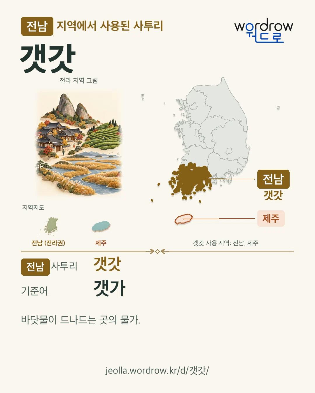 전남 지역에서 사용된 사투리 ‘갯갓’. 기준어: 갯가. 기록 지역을 표시한 지역 그림과 지도 카드.