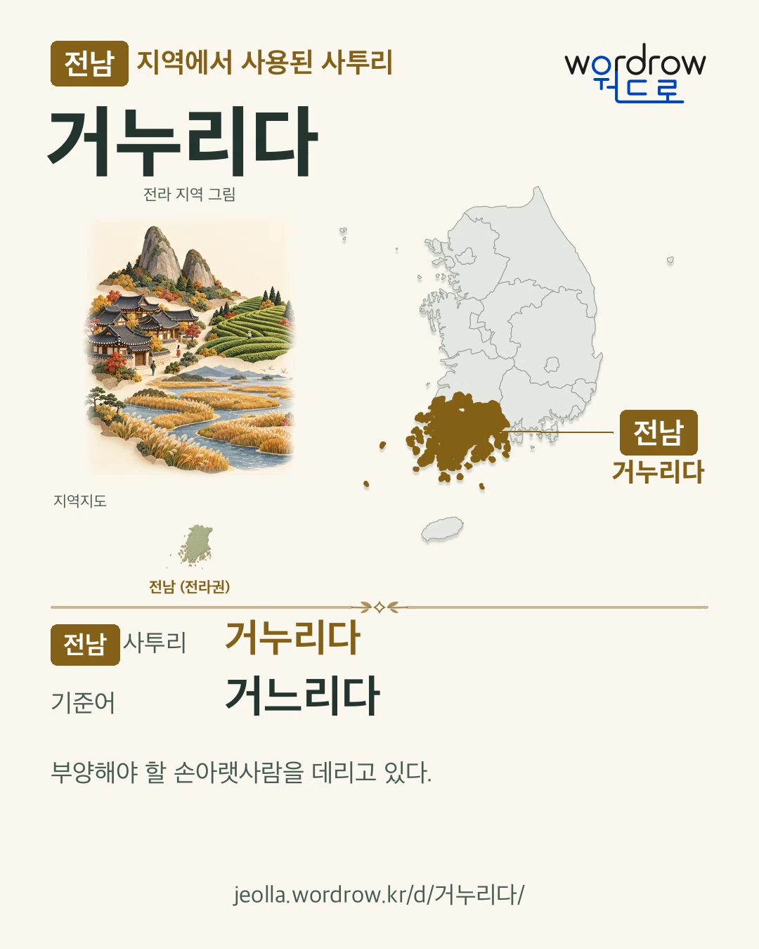 전남 지역에서 사용된 사투리 ‘거누리다’. 기준어: 거느리다. 기록 지역을 표시한 지역 그림과 지도 카드.