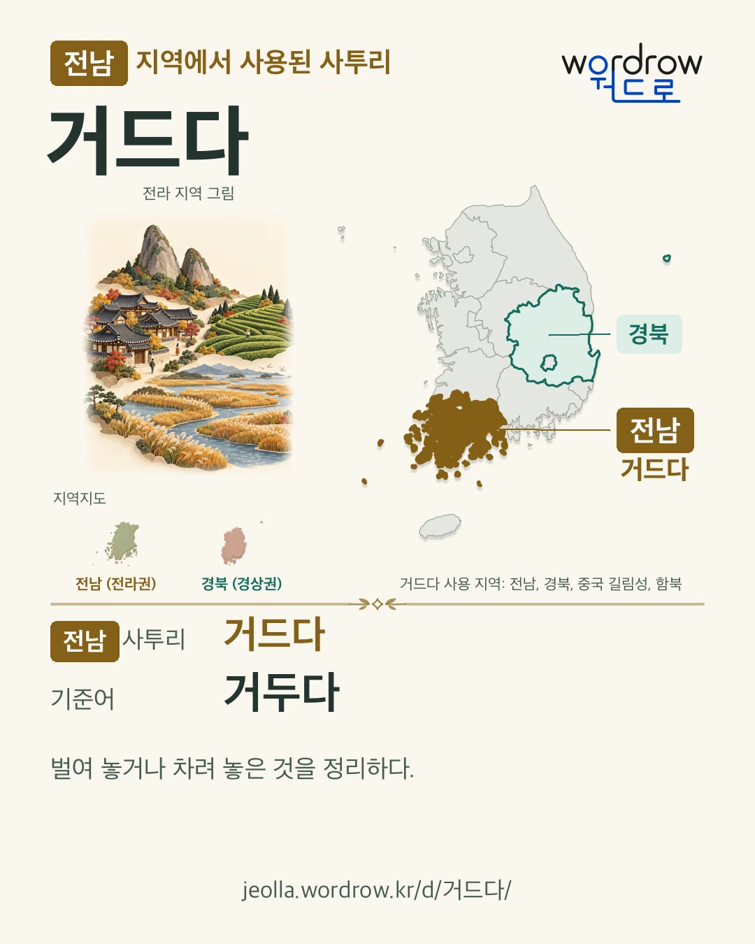 전남 지역에서 사용된 사투리 ‘거드다’. 기준어: 거두다. 기록 지역을 표시한 지역 그림과 지도 카드.