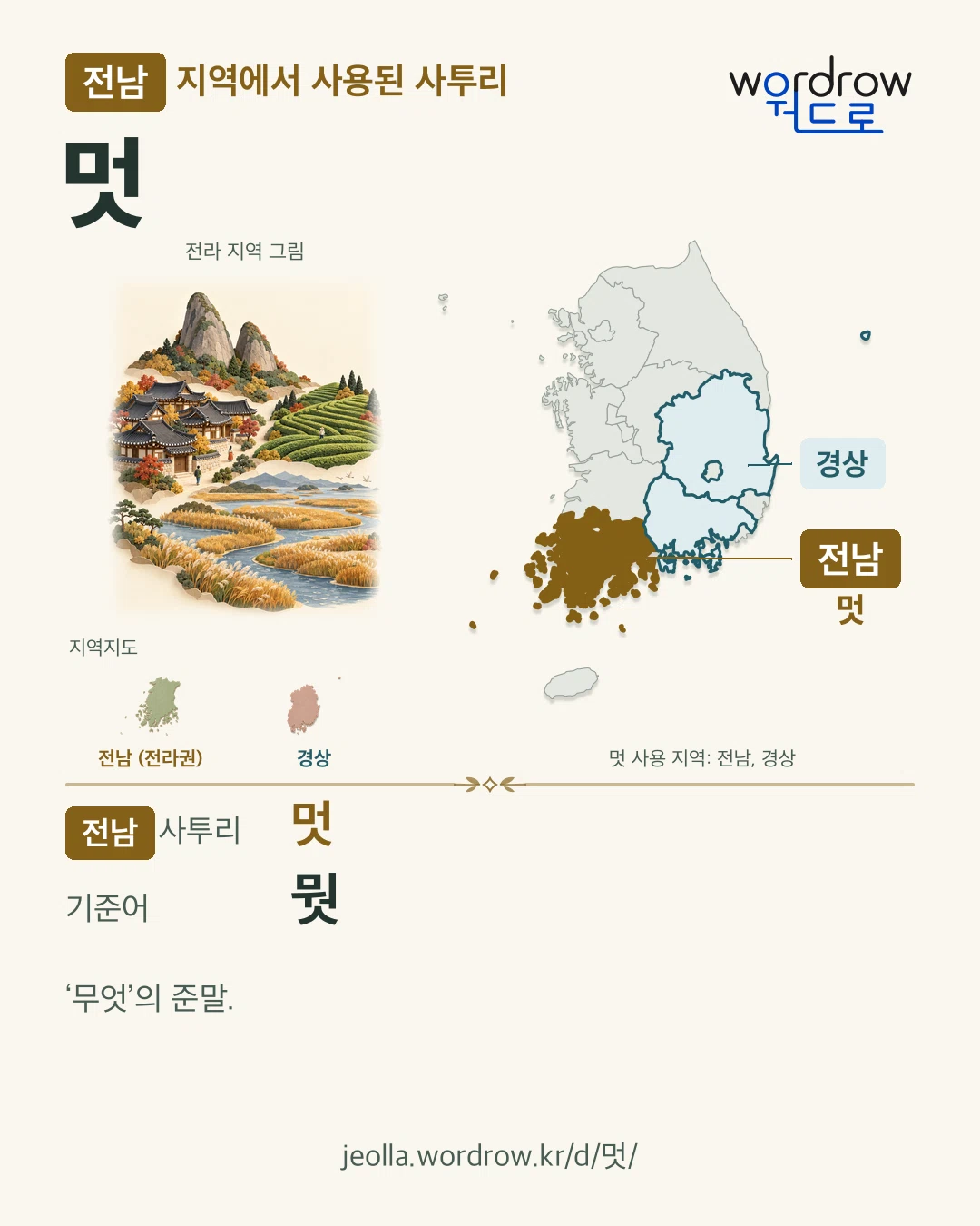 전남 지역에서 사용된 사투리 ‘멋’. 기준어: 뭣. 기록 지역을 표시한 지역 그림과 지도 카드.