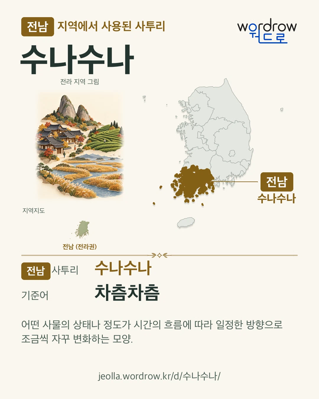 전남 지역에서 사용된 사투리 ‘수나수나’. 기준어: 차츰차츰. 기록 지역을 표시한 지역 그림과 지도 카드.