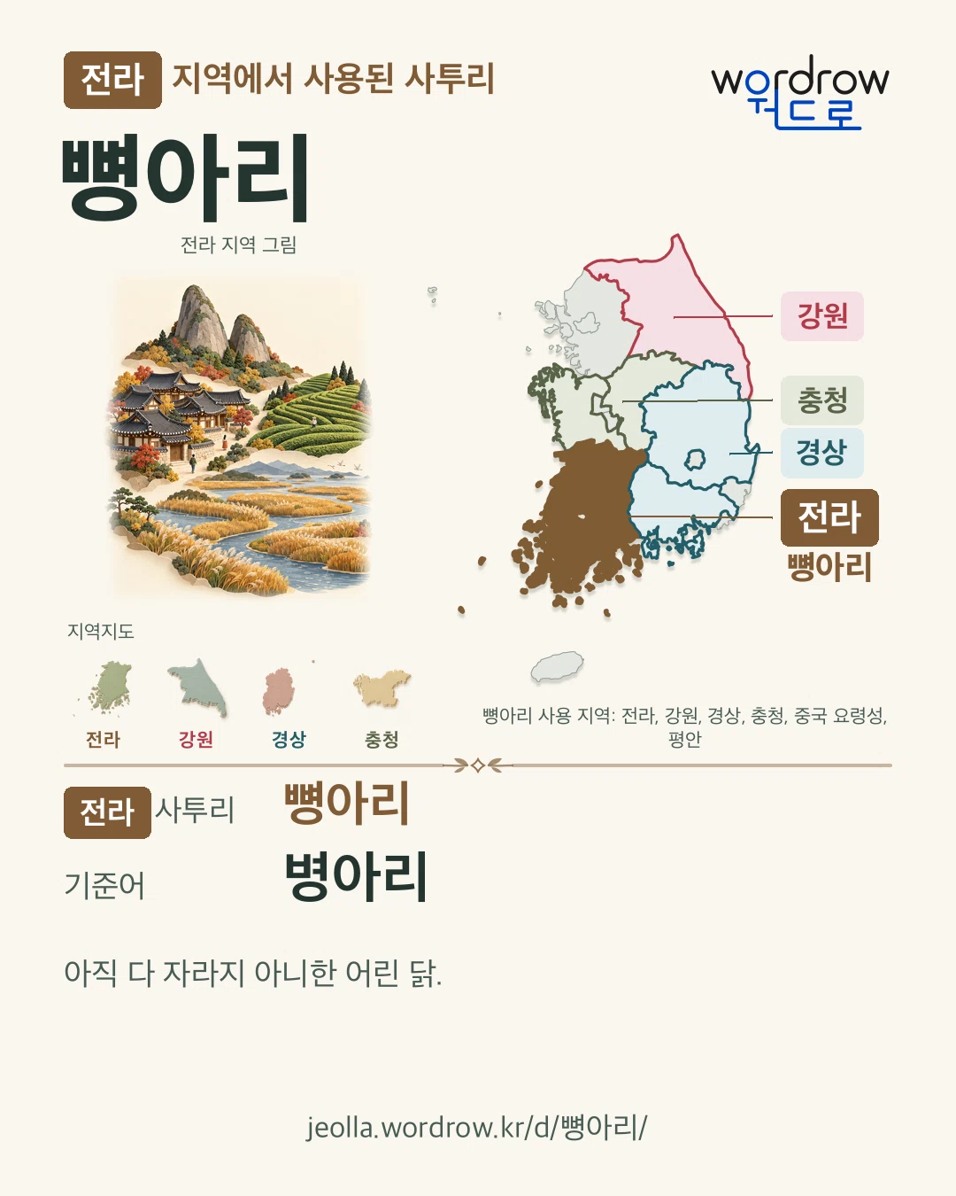 전라 지역에서 사용된 사투리 ‘뼝아리’. 기준어: 병아리. 기록 지역을 표시한 지역 그림과 지도 카드.