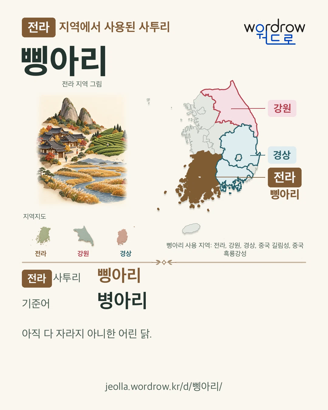 전라 지역에서 사용된 사투리 ‘삥아리’. 기준어: 병아리. 기록 지역을 표시한 지역 그림과 지도 카드.
